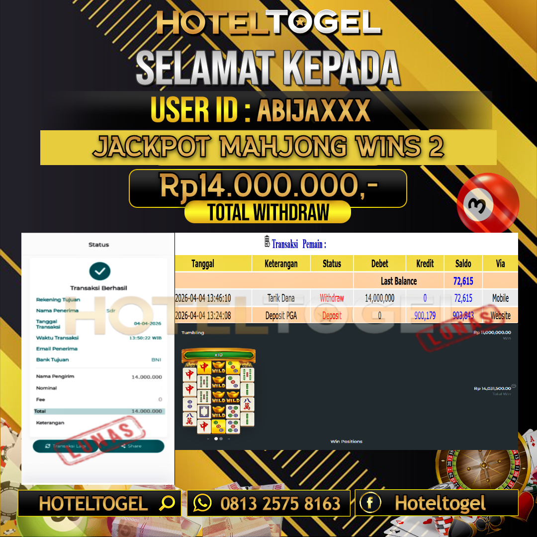 HOTELTOGEL JACKPOT SLOT MAHJONG WINS 2 Rp.14.000.000 - LUNAS USER ID : ABIJA***