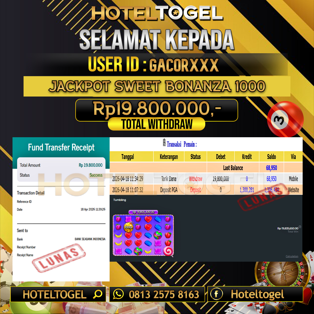 HOTELTOGEL JACKPOT SLOT SWEET BONANZA 1000 Rp.19.800.000 - LUNAS USER ID : GACOR***