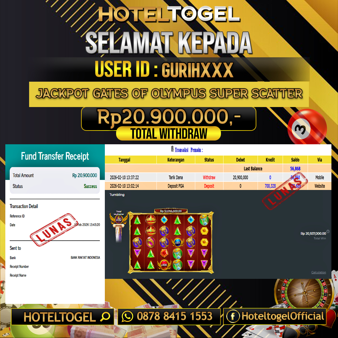 HOTELTOGEL JACKPOT SLOT GATES OF OLYMPUS SUPER SCATTER Rp.20.900.000 - LUNAS USER ID : GURIH***