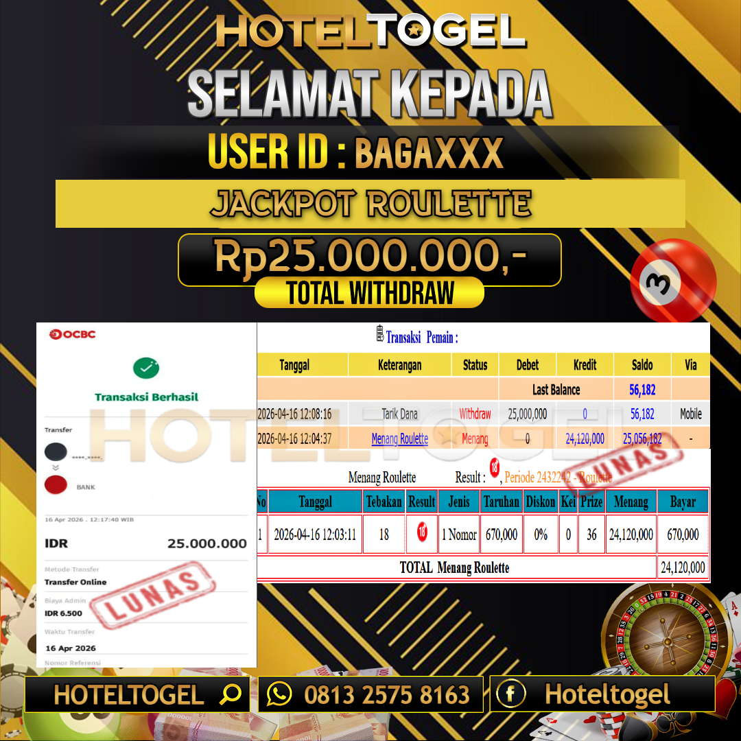 HOTELTOGEL JACKPOT CASINO ROULETTE Rp.25.000.000 - LUNAS USER ID : BAGA***