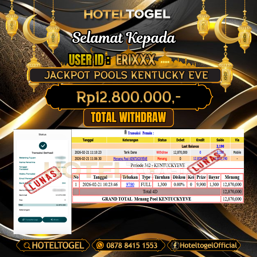 HOTELTOGEL JACKPOT TOGEL KENTUCKY EVE Rp.12.800.000 - LUNAS USER ID : ERI***