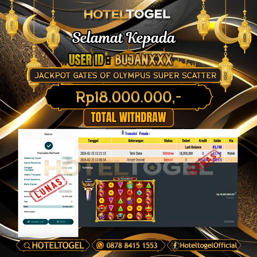HOTELTOGEL JACKPOT SLOT GATES OF OLYMPUS SUPER SCATTER Rp.18.000.000 - LUNAS USER ID : BUJAN***