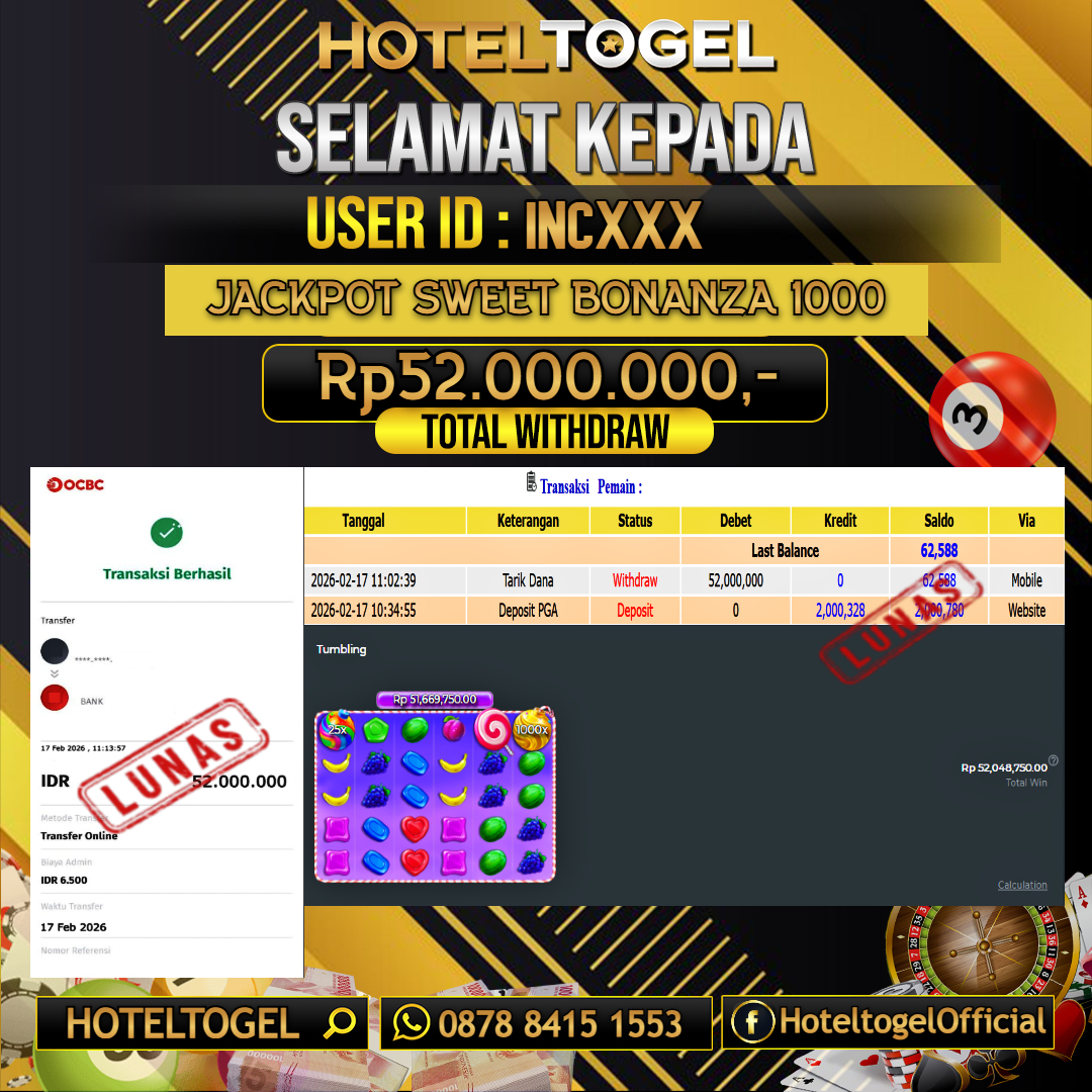 HOTELTOGEL JACKPOT SLOT SWEET BONANZA 1000 Rp.52.000.000 - LUNAS USER ID : INC***