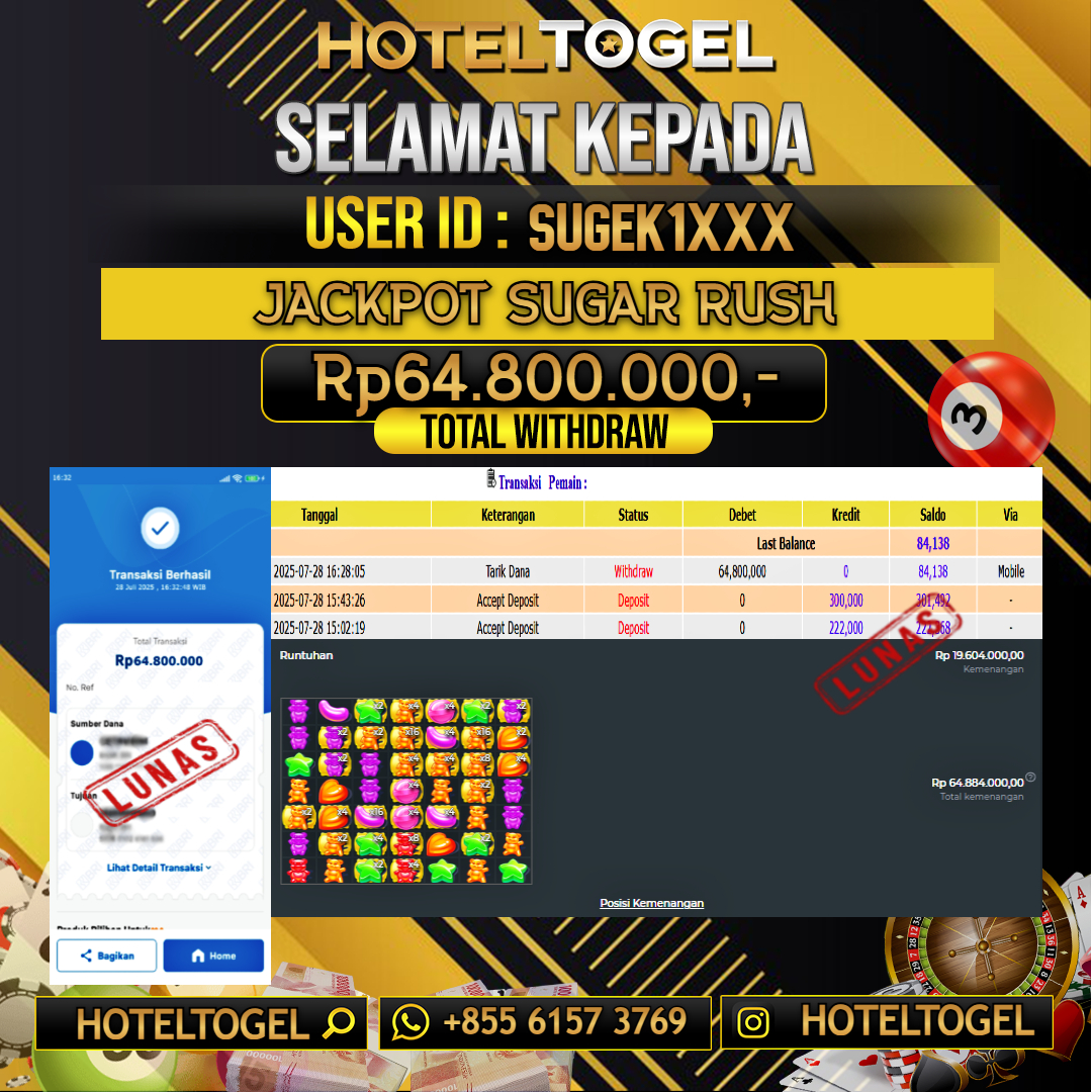 HOTELTOGEL JACKPOT SLOT SUGAR RUSH Rp.64.800.000 - LUNAS USER ID : SUGEK1****