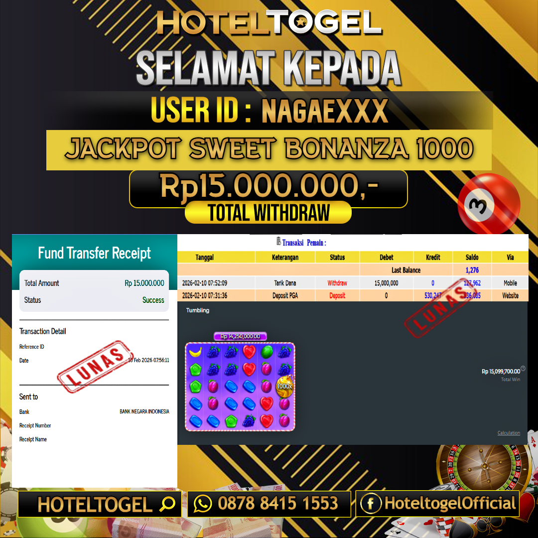 HOTELTOGEL JACKPOT SLOT SWEET BONANZA 1000 Rp.15.000.000 - LUNAS USER ID : NAGAE***