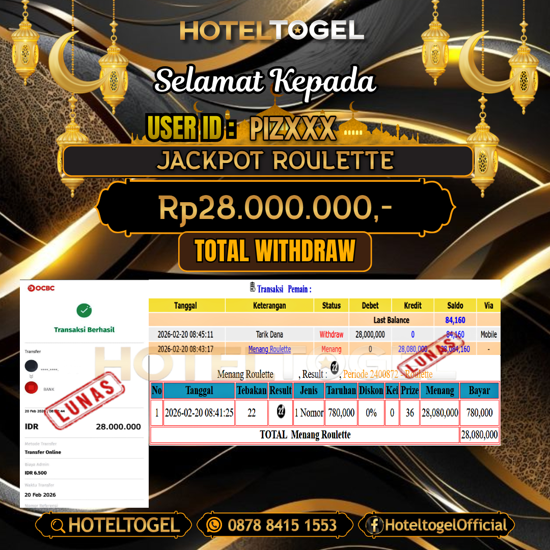 HOTELTOGEL JACKPOT CASINO ROULETTE Rp.28.000.000 - LUNAS USER ID : PIZ***