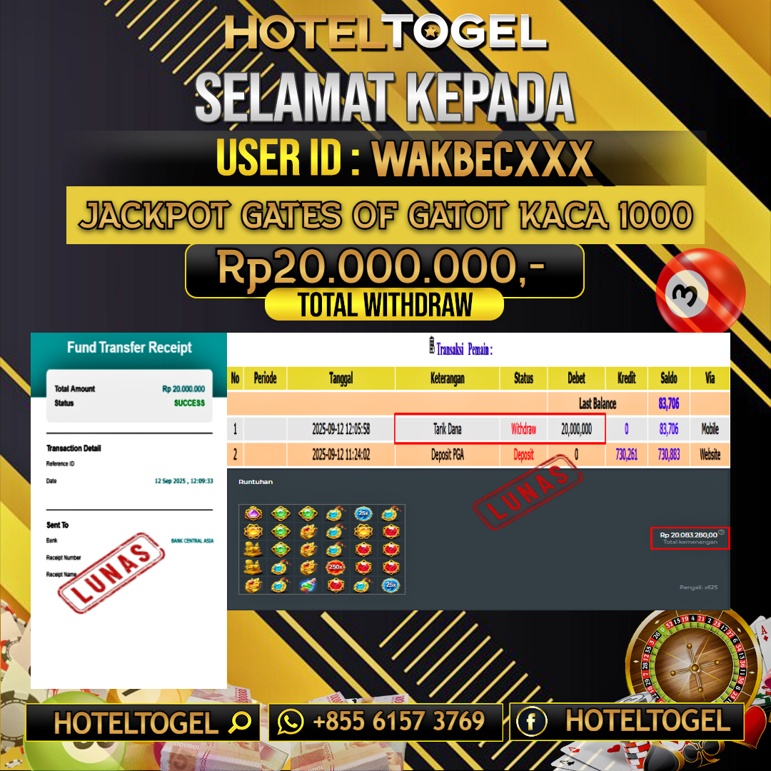 HOTELTOGEL JACKPOT SLOT GATES OF GATOT KACA 1000 Rp.20.000.000 - LUNAS USER ID: WAKBEC***