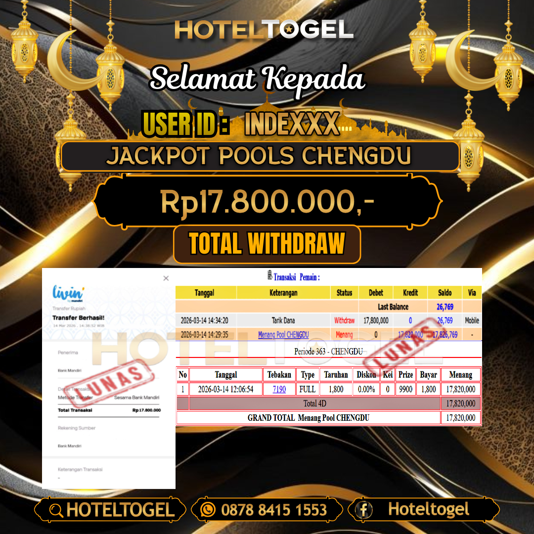 HOTELTOGEL JACKPOT TOGEL CHENGDU Rp.17.800.000 - LUNAS USER ID : INDE***