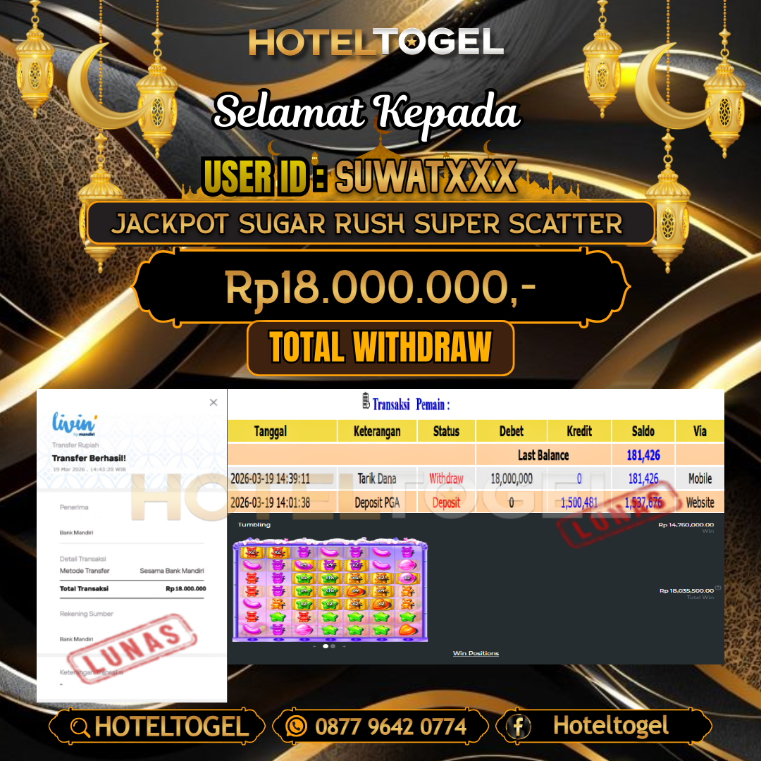 HOTELTOGEL JACKPOT SLOT SUGAR RUSH SUPER SCATTER Rp.18.000.000 - LUNAS USER ID : SUWAT***
