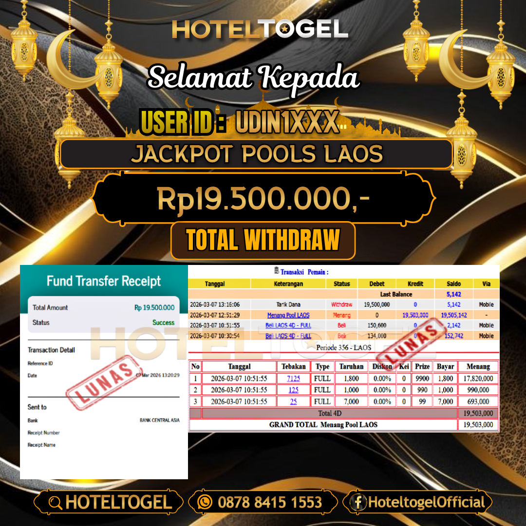 HOTELTOGEL JACKPOT TOGEL LAOS Rp.19.500.000 - LUNAS USER ID : UDIN1***
