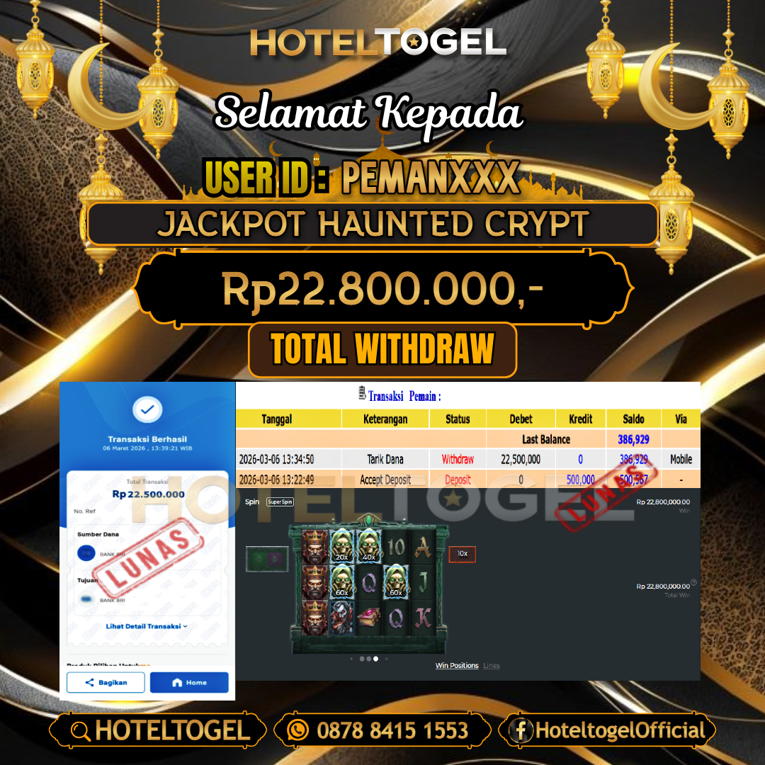 HOTELTOGEL JACKPOT SLOT HAUNTED CRYPT Rp.22.800.000 - LUNAS USER ID : PEMAN***