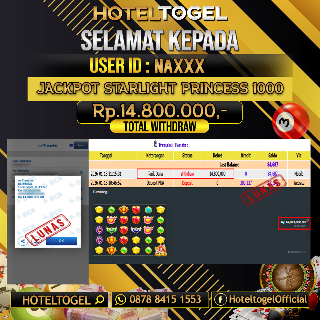 HOTELTOGEL JACKPOT SLOT STARLIGHT PRINCESS 1000 Rp.14.800.000 - LUNAS USER ID :  NA***