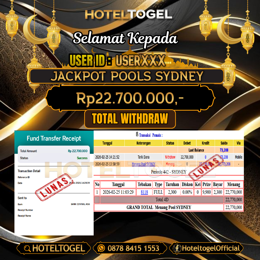 HOTELTOGEL JACKPOT TOGEL SYDNEY Rp.22.700.000 - LUNAS USER ID :  USER***
