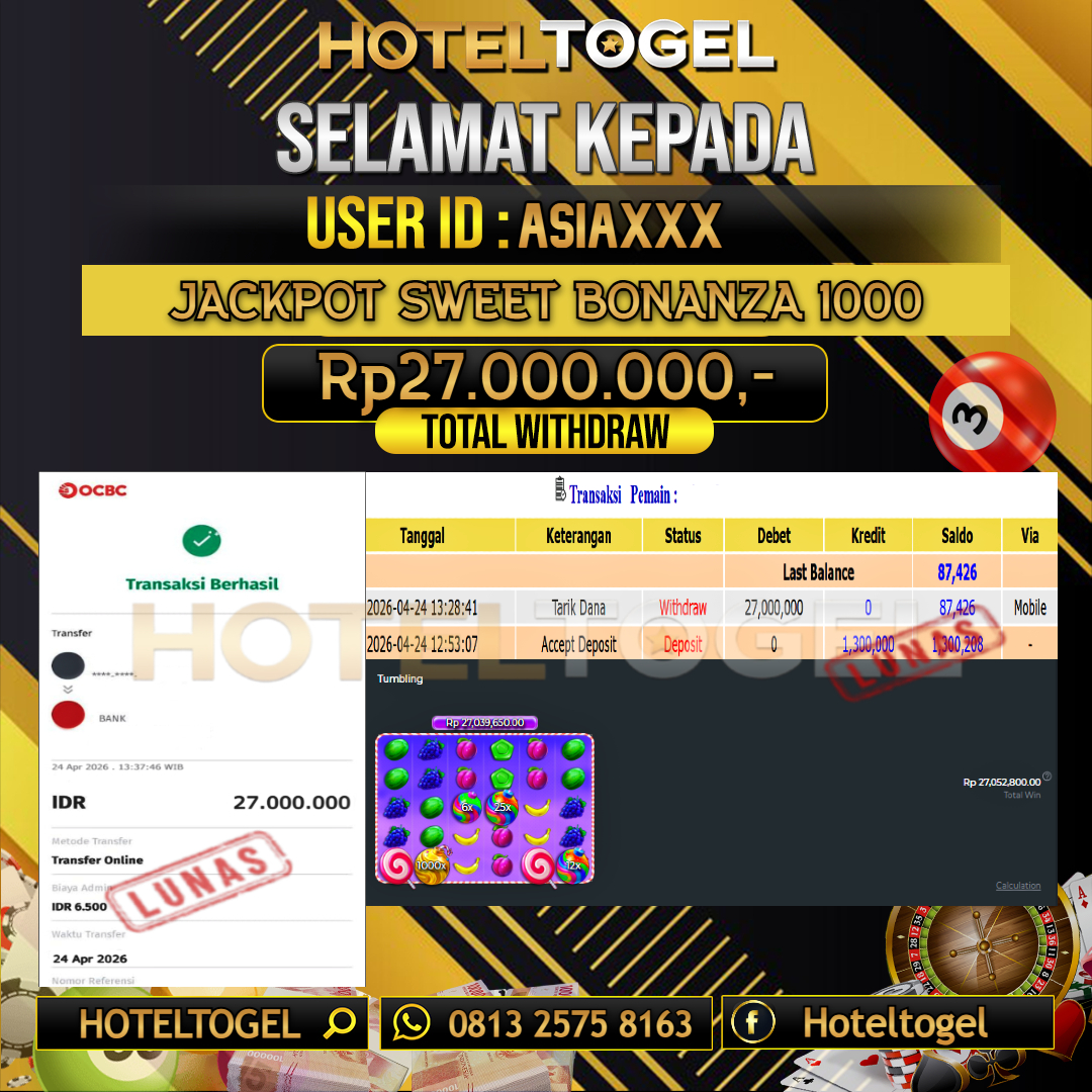 HOTELTOGEL JACKPOT SLOT SWEET BONANZA 1000 Rp.27.000.000 - LUNAS USER ID : ASIA***