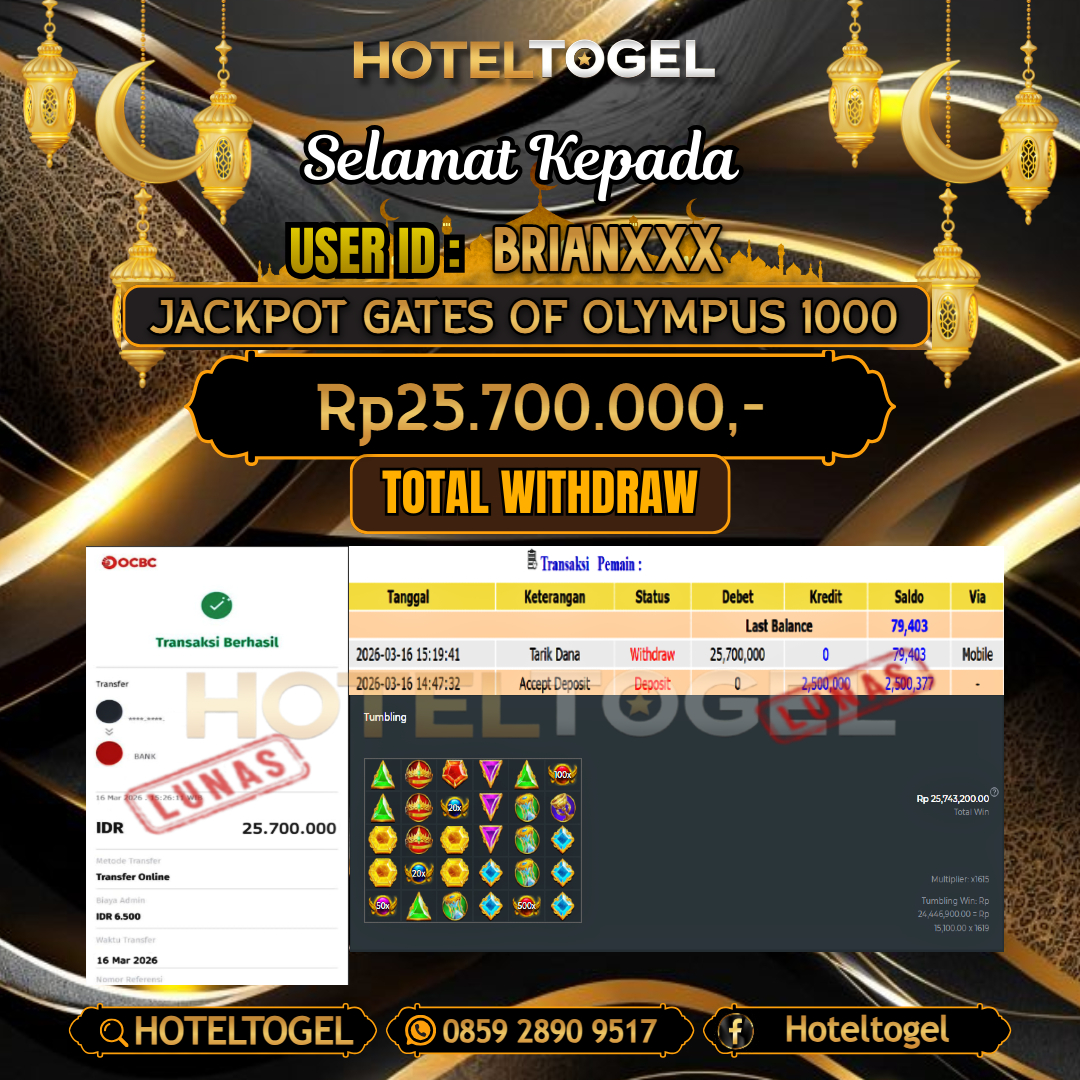 HOTELTOGEL JACKPOT SLOT GATES OF OLYMPUS 1000 Rp.25.700.000 - LUNAS USER ID : BRIAN***