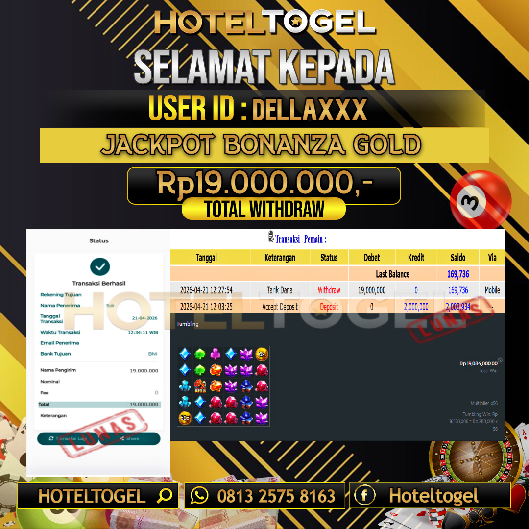 HOTELTOGEL JACKPOT SLOT BONANZA GOLD Rp.19.000.000 - LUNAS USER ID : DELLA***