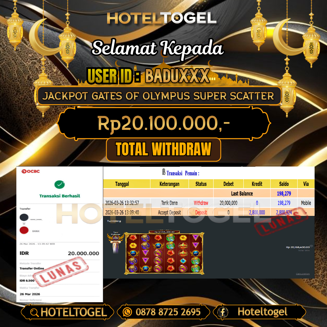 HOTELTOGEL JACKPOT SLOT GATES OF OLYMPUS SUPER SCATTER Rp.20.100.000 - LUNAS USER ID : BADU***