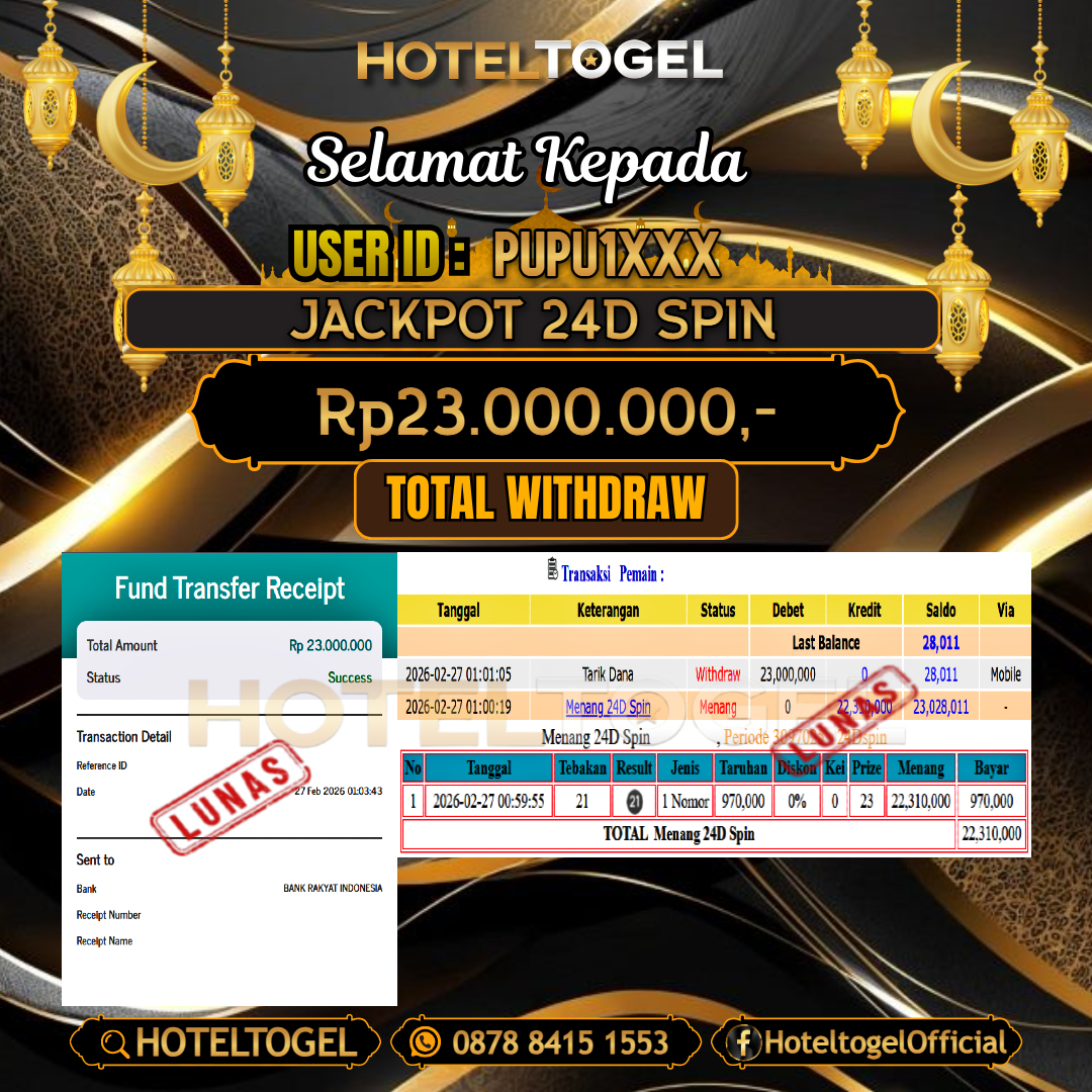 HOTELTOGEL JACKPOT CASINO 24D SPIN Rp.23.000.000 - LUNAS USER ID : PUPU1***