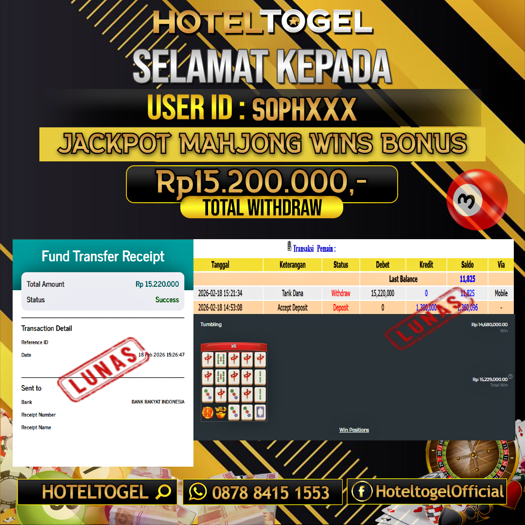 HOTELTOGEL JACKPOT SLOT MAHJONG WINS BONUS Rp.15.200.000 - LUNAS USER ID : SOPH***
