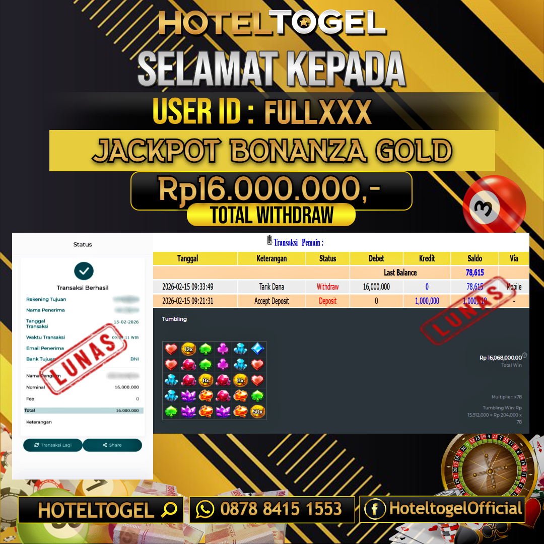 HOTELTOGEL JACKPOT SLOT BONANZA GOLD Rp.16.000.000 - LUNAS USER ID : FULL***