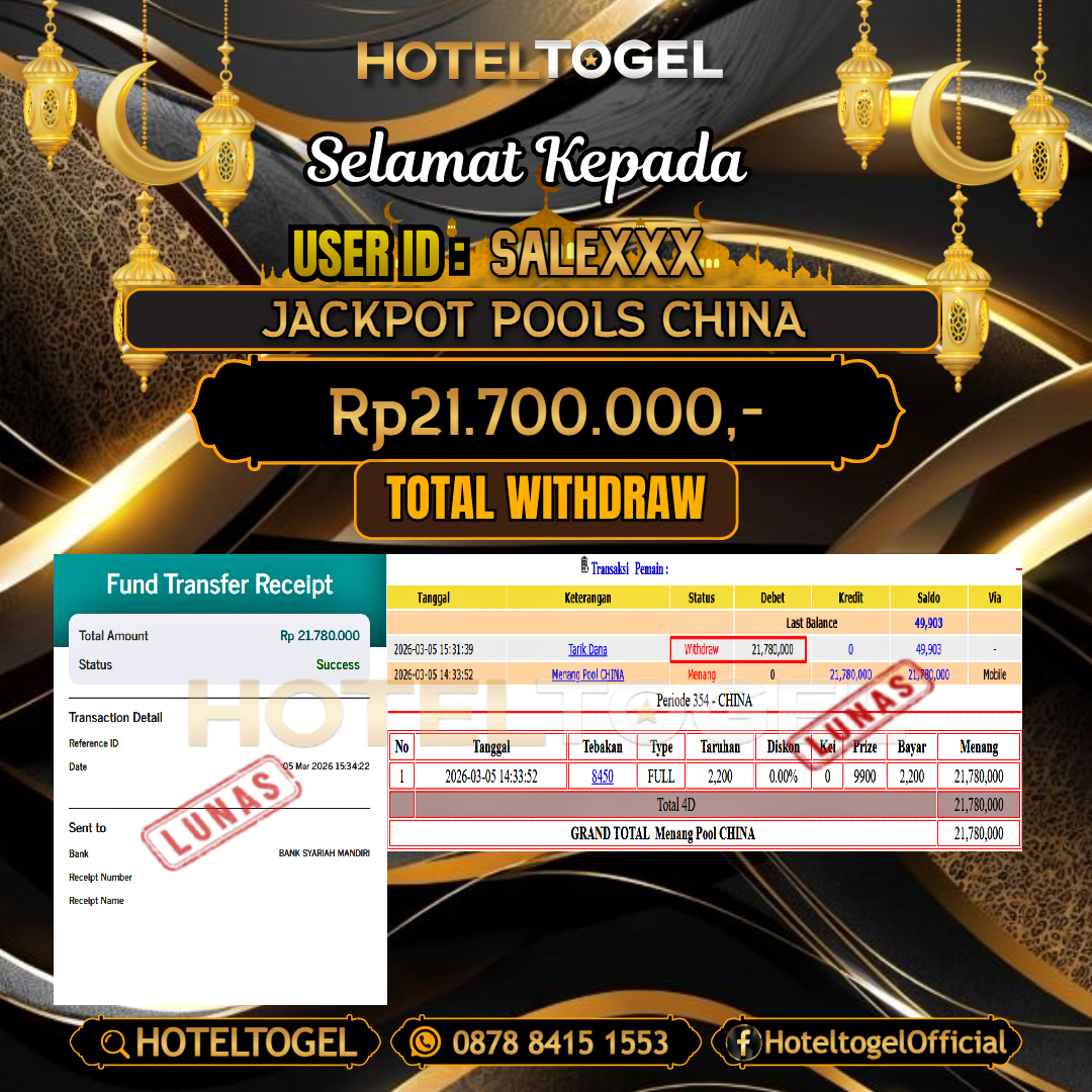 HOTELTOGEL JACKPOT TOGEL CHINA Rp.21.700.000 - LUNAS USER ID : SALE***