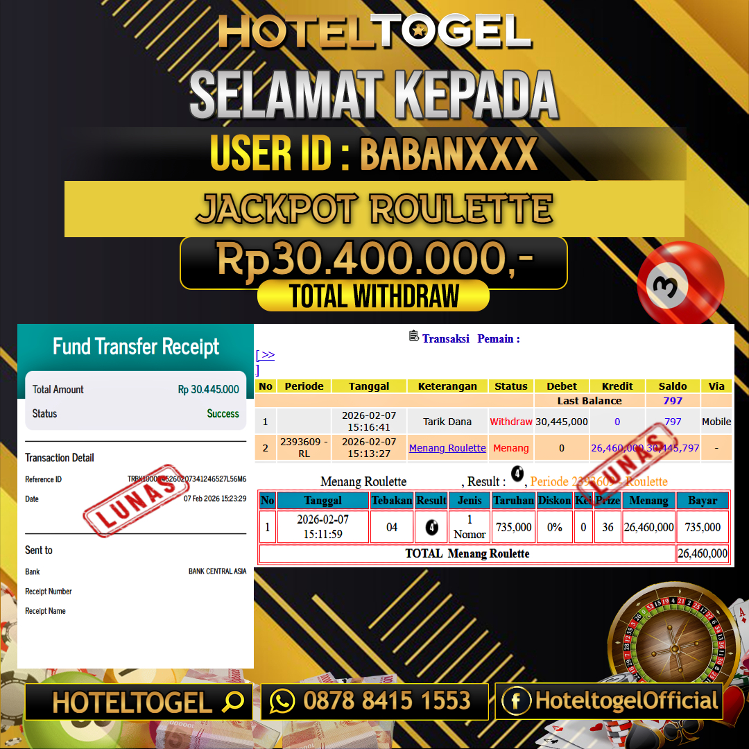 HOTELTOGEL JACKPOT CASINO ROULETTE Rp.30.400.000 - LUNAS USER ID  : BABAN***