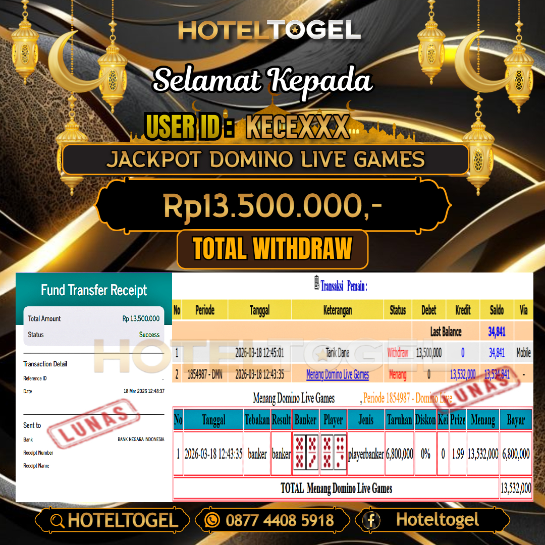 HOTELTOGEL JACKPOT CASINO DOMINO LIVE GAMES Rp.13.500.000 - LUNAS USER ID :  KECE***