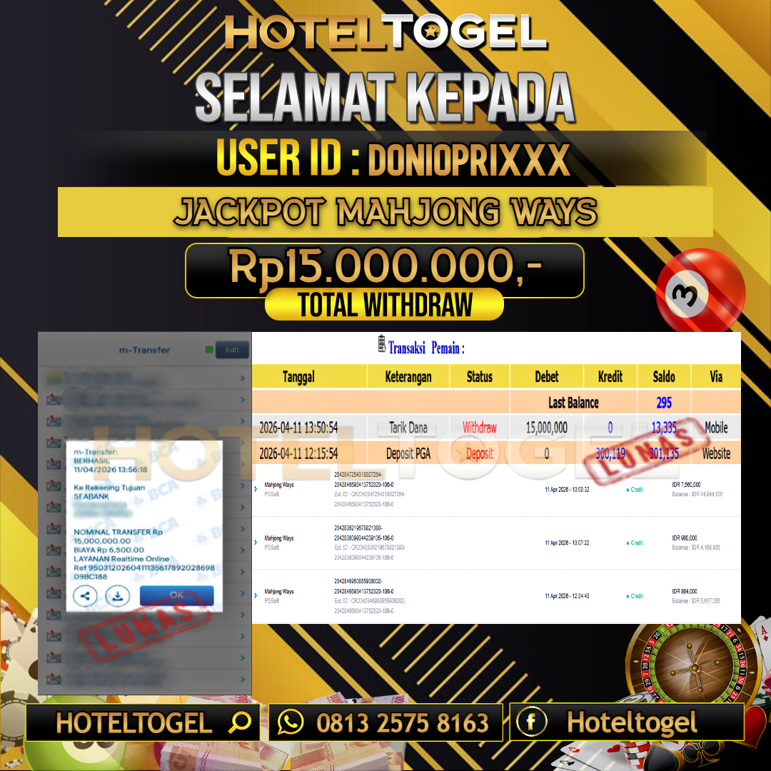 HOTELTOGEL JACKPOT SLOT MAHJONG WAYS Rp.15.000.000 - LUNAS USER ID : DONIOPRI***