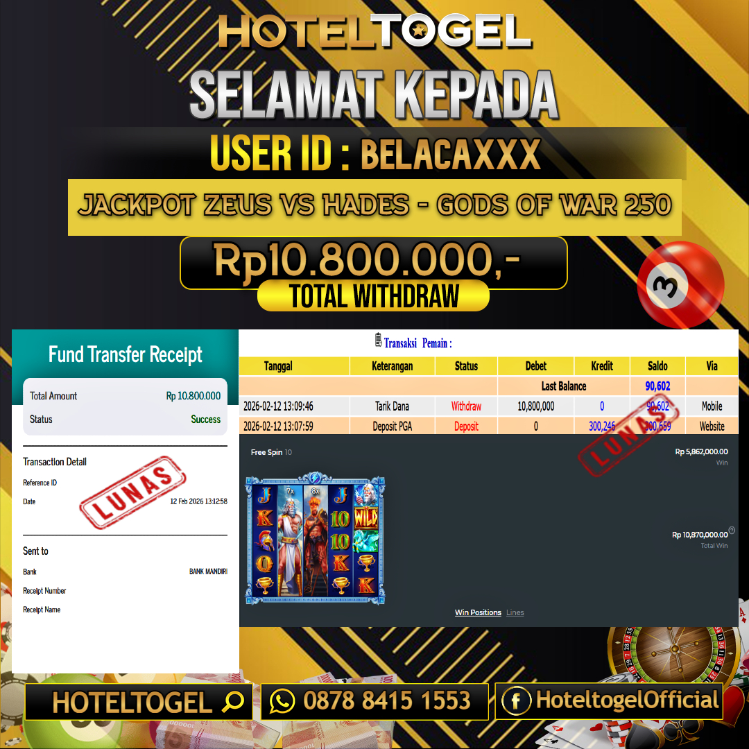 HOTELTOGEL JACKPOT SLOT ZEUS VS HADES - GODS OF WAR 250 Rp.10.800.000 - LUNAS USER ID : BELACA***