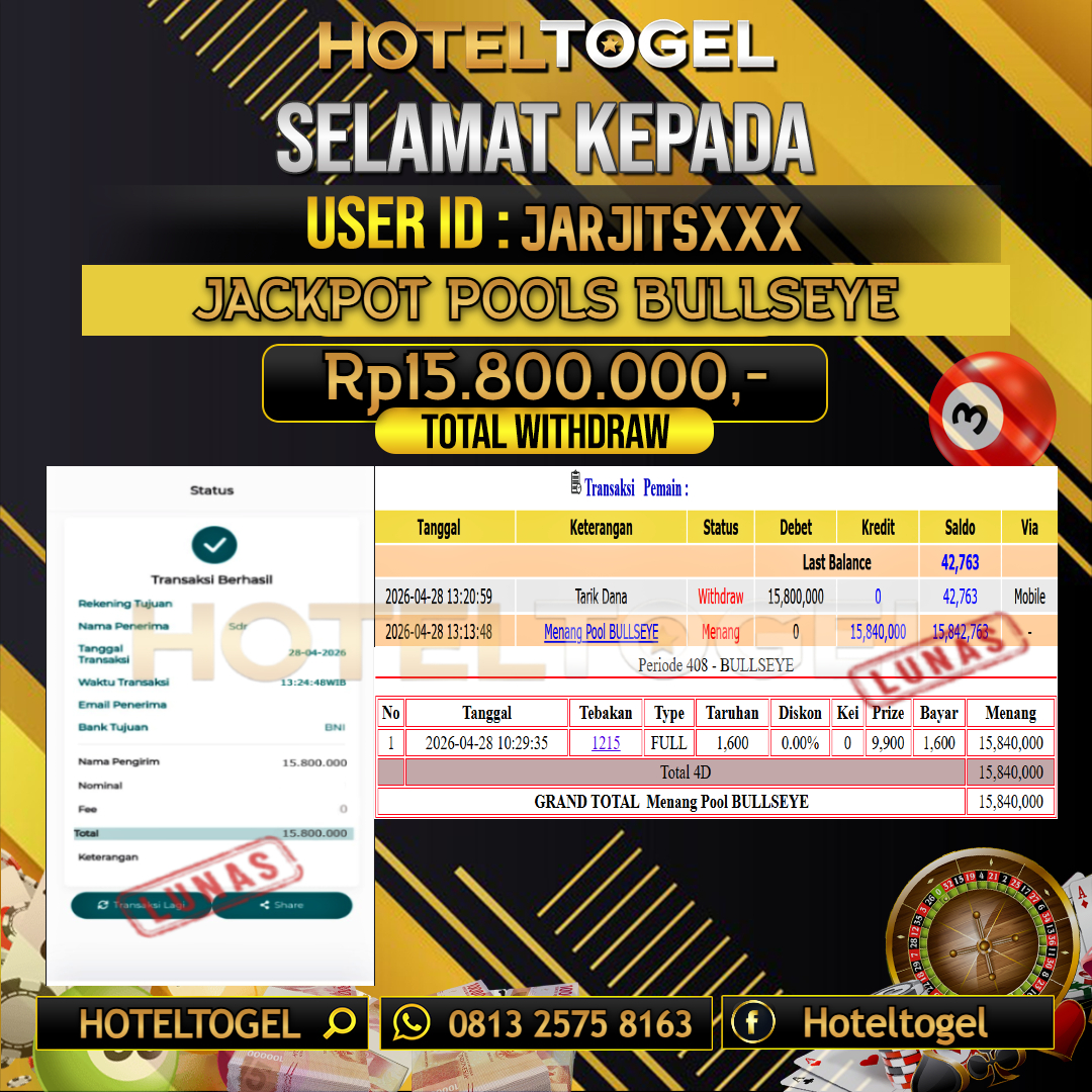 HOTELTOGEL JACKPOT TOGEL BULLSEYE Rp.15.800.000 - LUNAS USER ID : JARJITS***
