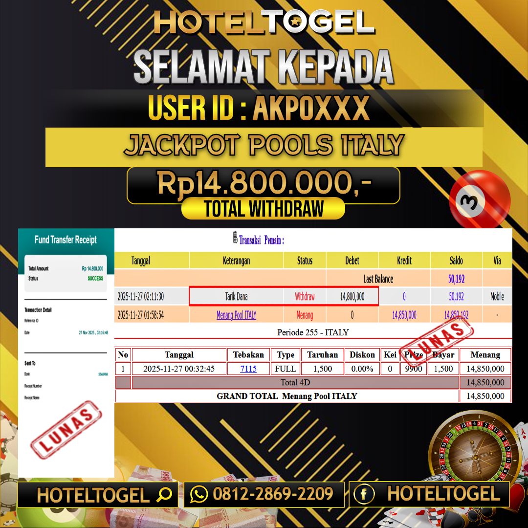HOTELTOGEL JACKPOT TOGEL ITALY Rp.14.800.000 - LUNAS USER ID : AKPO***