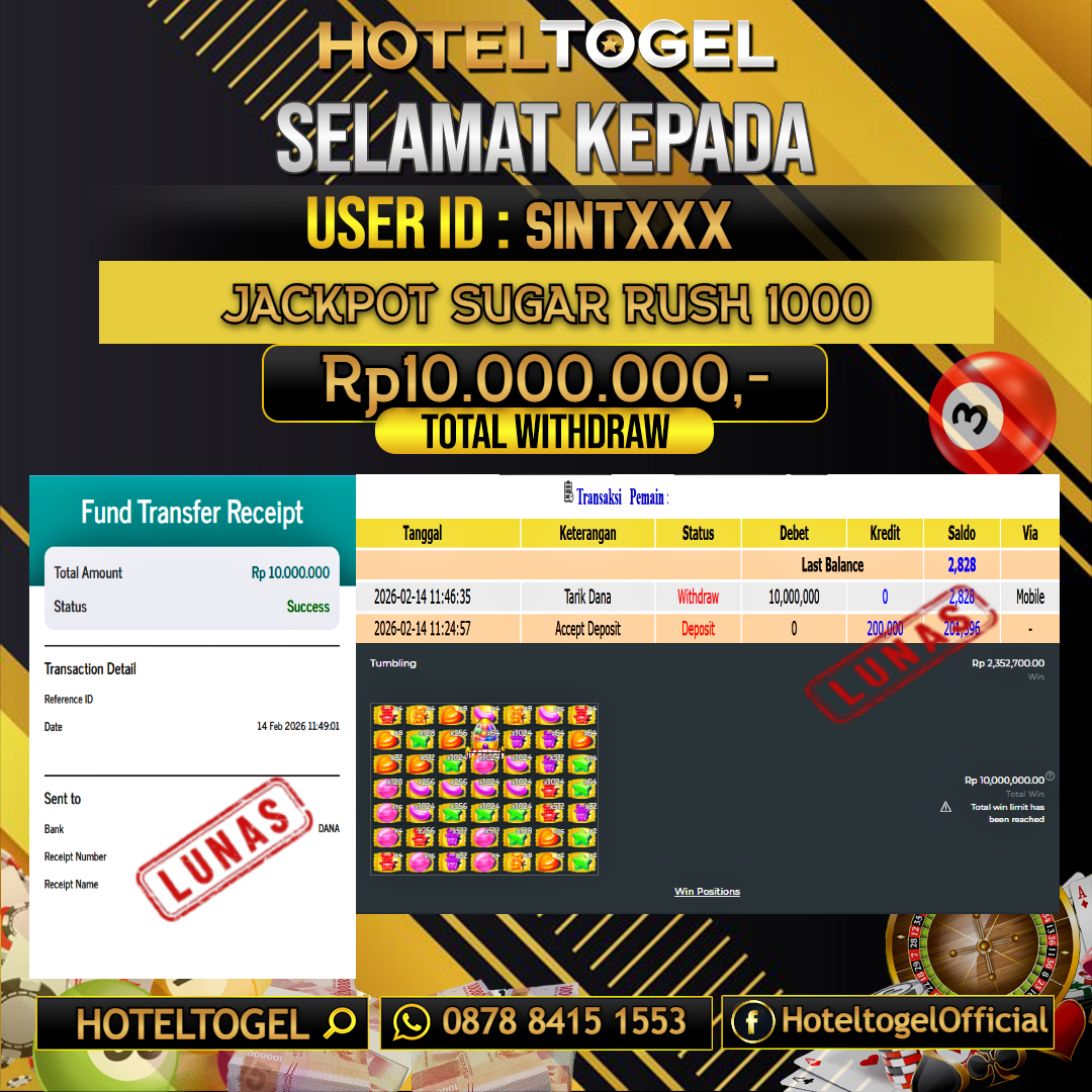HOTELTOGEL JACKPOT SLOT SUGAR RUSH 1000 Rp.10.000.000 - LUNAS USER ID : SINT***