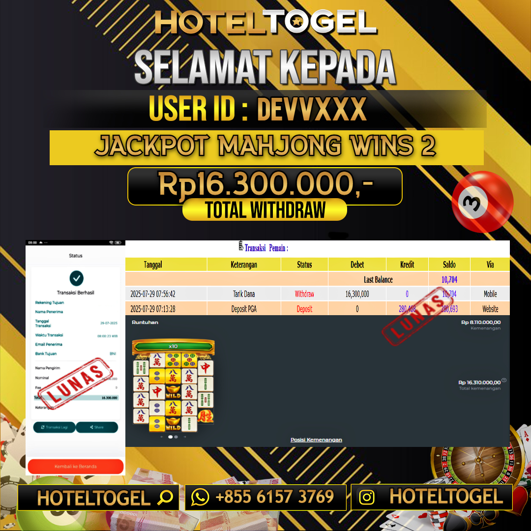 HOTELTOGEL JACKPOT SLOT MAHJONG WINS 2 Rp.16.300.000 - LUNAS USER ID: DEVV****