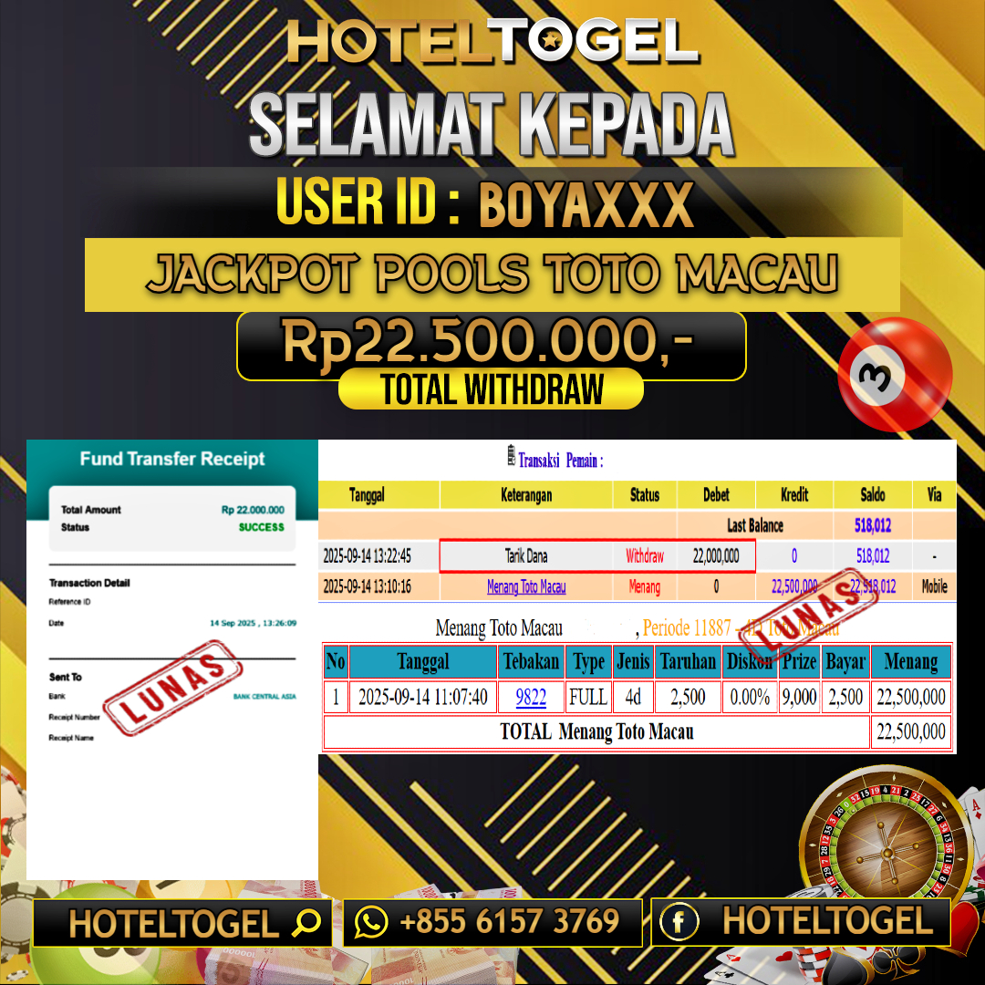 HOTELTOGEL JACKPOT TOGEL TOTO MACAU Rp.22.500.000 - LUNAS USER ID: BOYA***