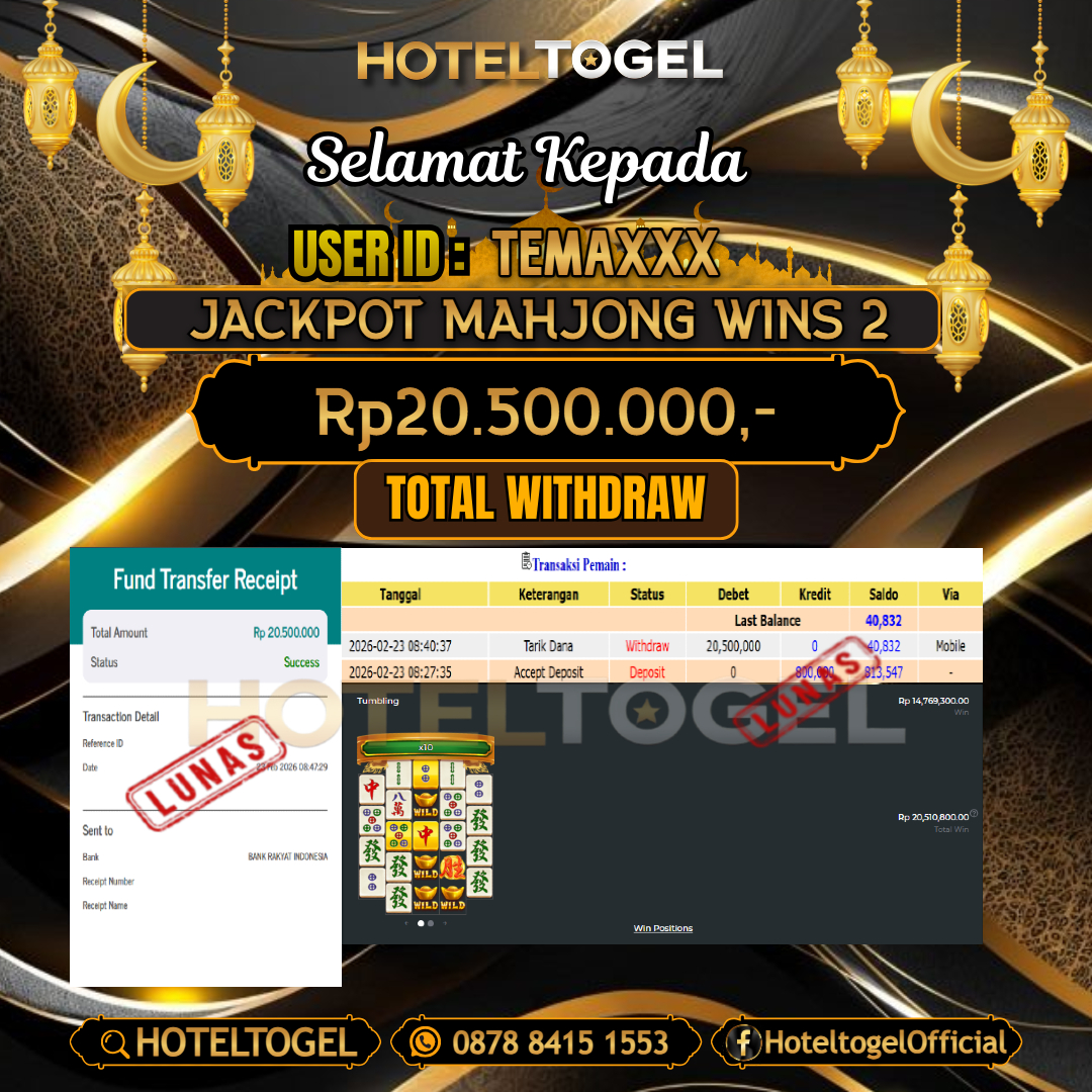 HOTELTOGEL JACKPOT SLOT MAHJONG WINS 2 Rp.20.500.000 - LUNAS USER ID : TEMA***
