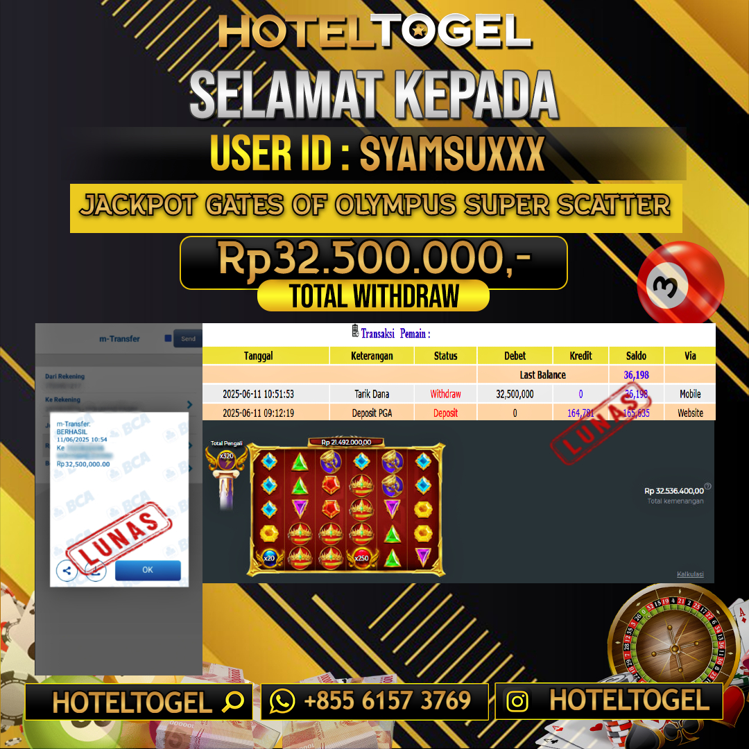 HOTELTOGEL JACKPOT SLOT GATES OF OLYMPUS SUPER SCATTER Rp.32.500.000 - LUNAS USER ID : SYAMSU****