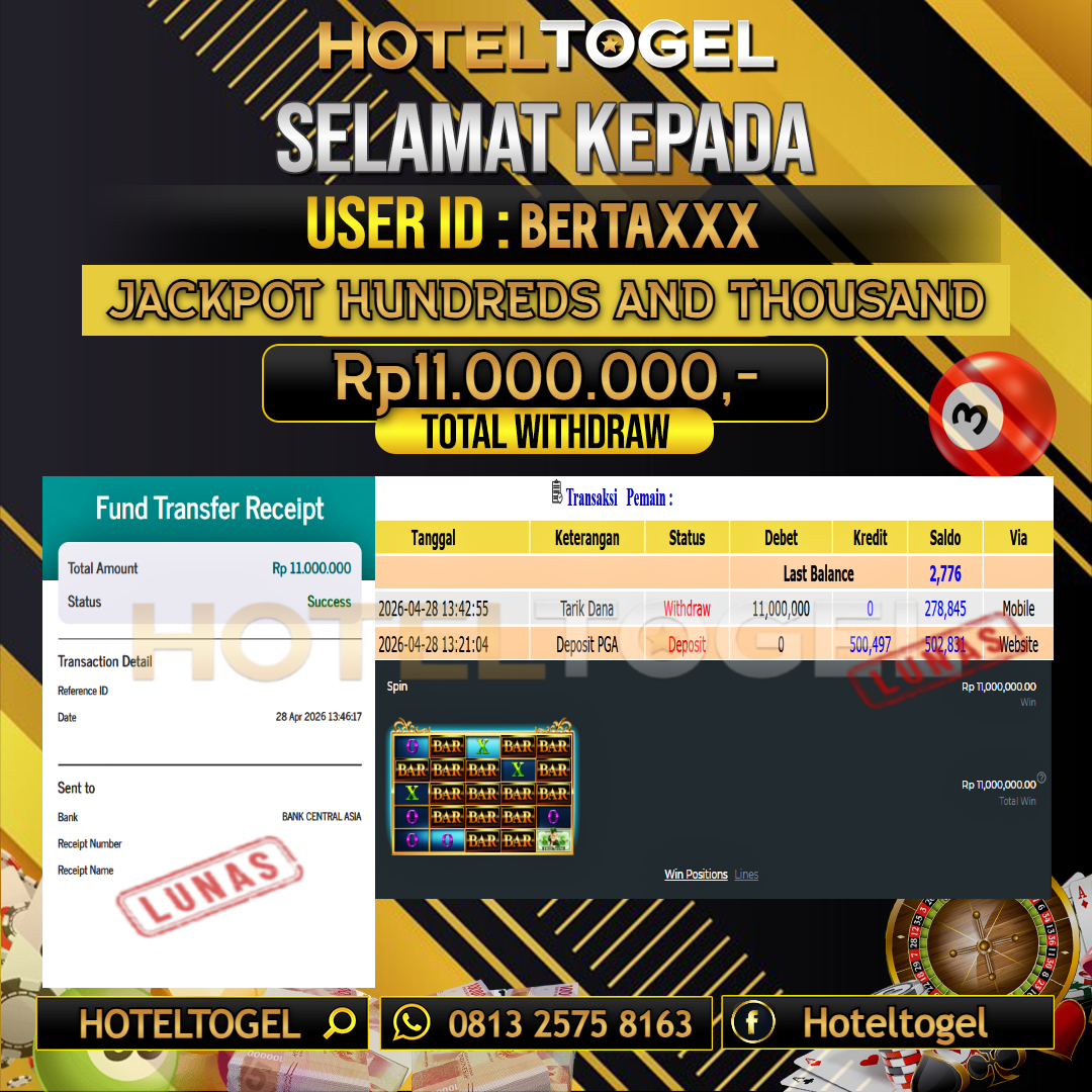HOTELTOGEL JACKPOT SLOT HUNDREDS AND THOUSAND Rp.11.000.000 - LUNAS USER ID : BERTA***