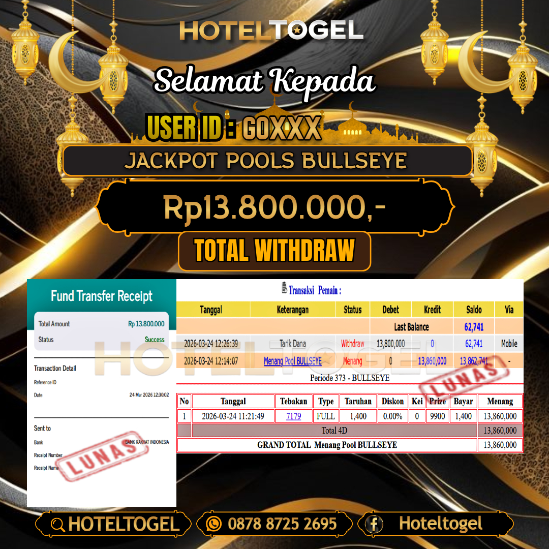 HOTELTOGEL JACKPOT TOGEL BULLSEYE Rp.13.800.000 - LUNAS USER ID : GO***