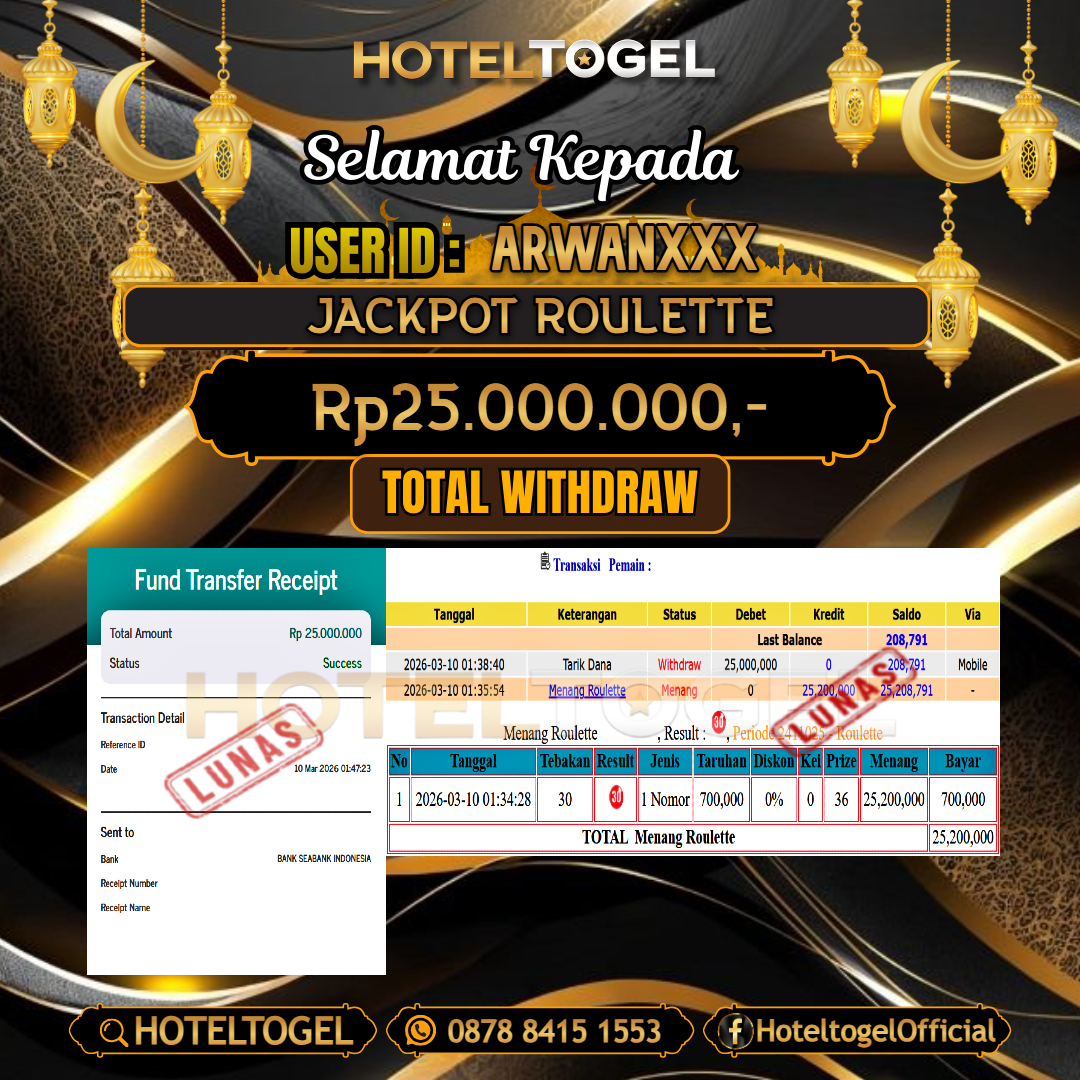 HOTELTOGEL JACKPOT ROULETTE Rp.25.000.000 - LUNAS USER ID :  ARWAN***