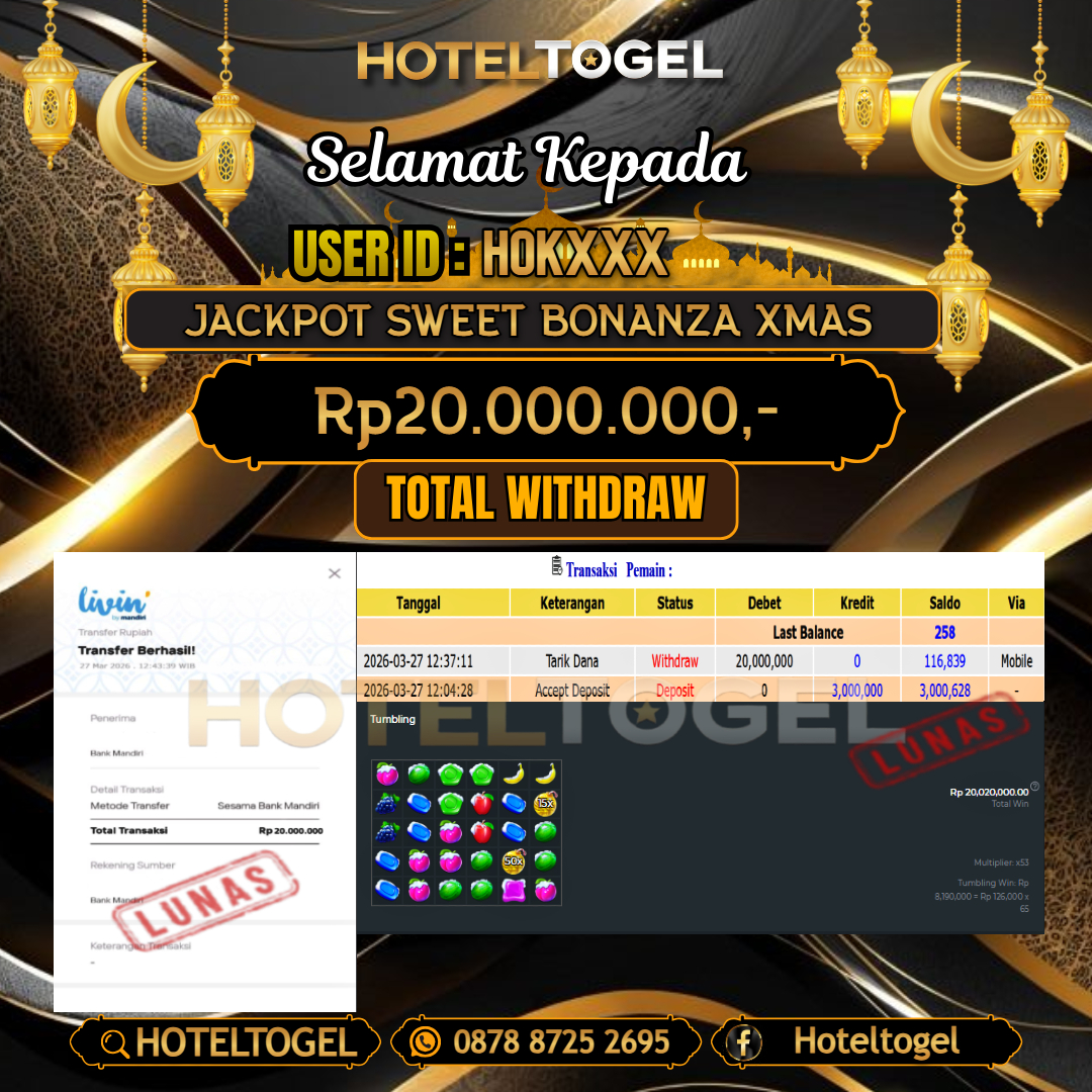 HOTELTOGEL JACKPOT SLOT SWEET BONANZA XMAS Rp.20.000.000 - LUNAS USER ID :  HOK***