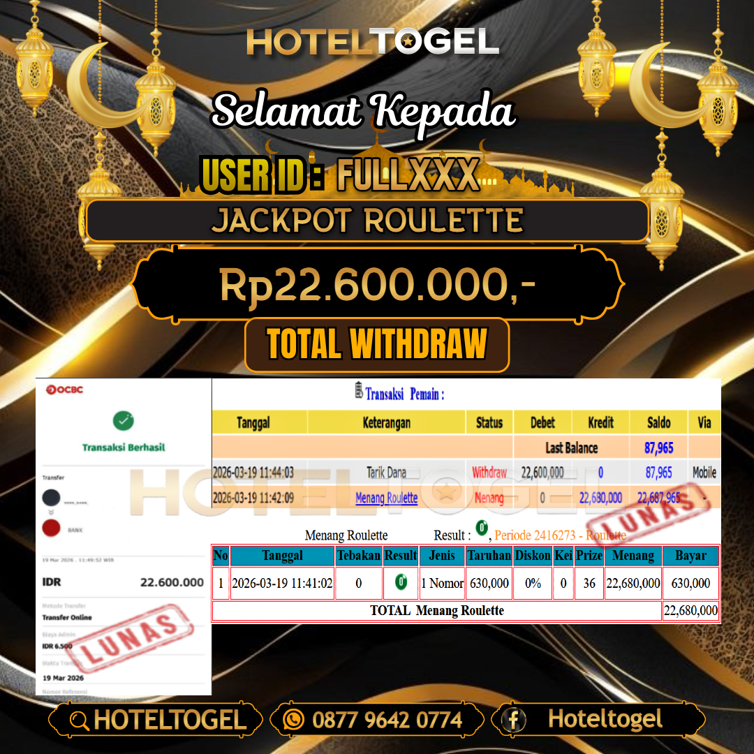 HOTELTOGEL JACKPOT CASINO ROULETTE Rp.22.600.000 - LUNAS USER ID : FULL***