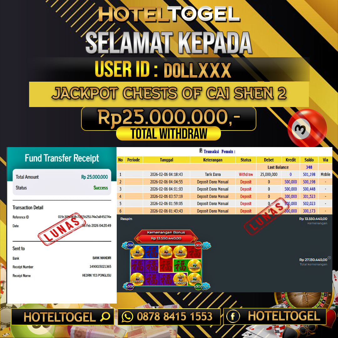 HOTELTOGEL JACKPOT CHESTS OF CAI SHEN 2 Rp.25.000.000 - LUNAS USER ID :  DOLL***