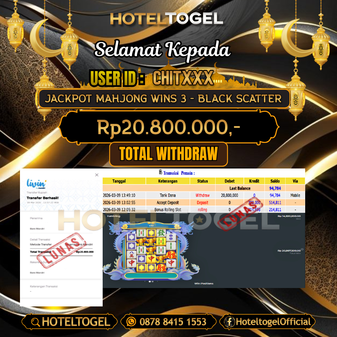 HOTELTOGEL JACKPOT SLOT MAHJONG WINS 3 - BLACK SCATTER Rp.20.800.000 - LUNAS USER ID : CHIT***