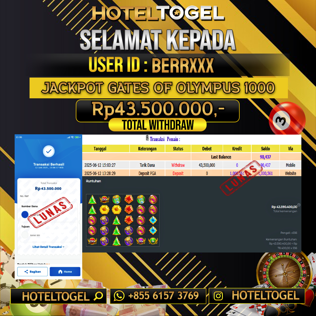 HOTELTOGEL JACKPOT SLOT GATES OF OLYMPUS 1000 Rp.43.500.000 - LUNAS USER ID : BERR****