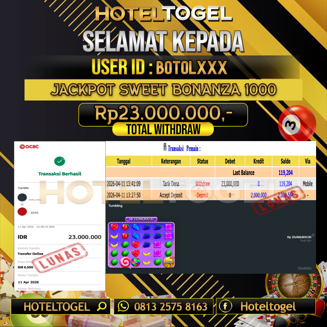 HOTELTOGEL JACKPOT SLOT SWEET BONANZA 1000 Rp.23.000.000 - LUNAS USER ID : BOTOL***