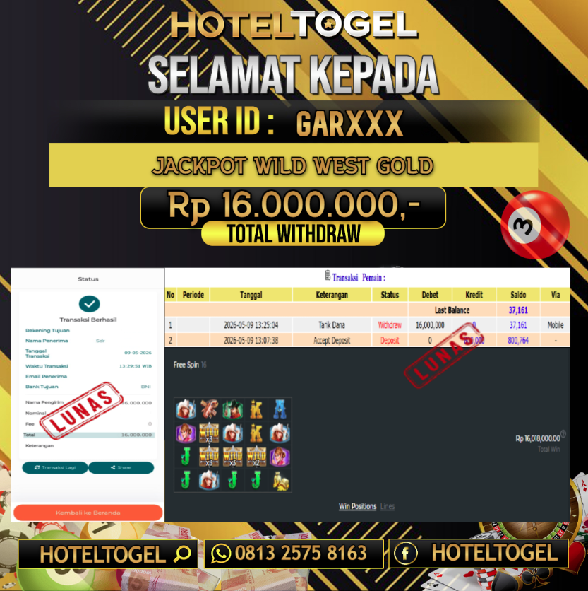 HOTELTOGEL JACKPOT SLOT WILD WEST GOLD Rp.16.000.000 - LUNAS USER ID  : GAR****