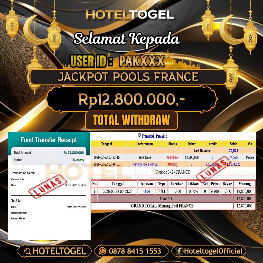 HOTELTOGEL JACKPOT TOGEL FRANCE Rp.12.800.000 - LUNAS USER ID : PAK***