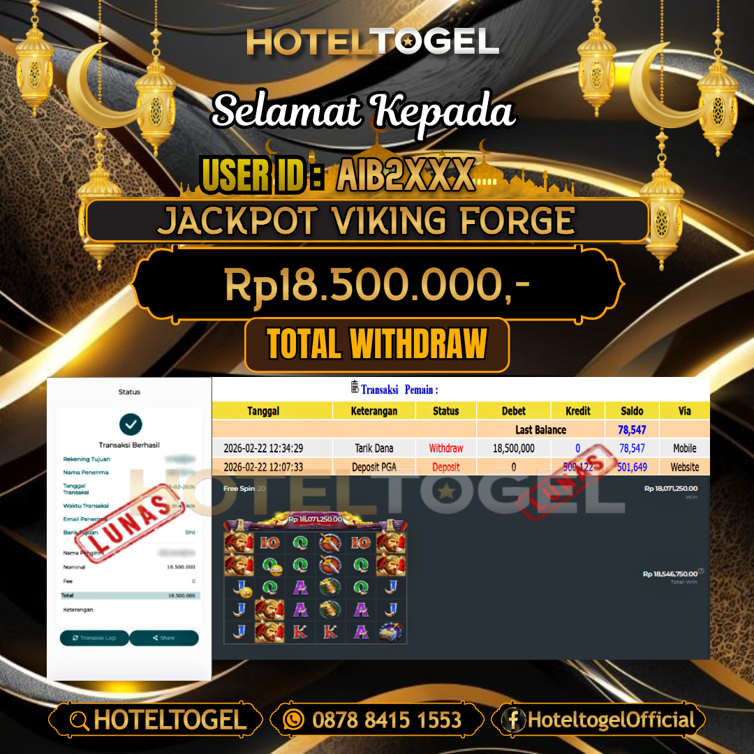 HOTELTOGEL JACKPOT SLOT VIKING FORGE Rp.18.500.000 - LUNAS USER ID : AIB2***