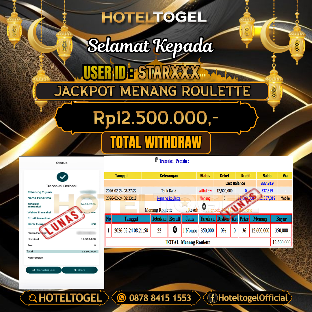 HOTELTOGEL JACKPOT CASINO ROULETTE Rp.12.500.000 - LUNAS USER ID : STAR***