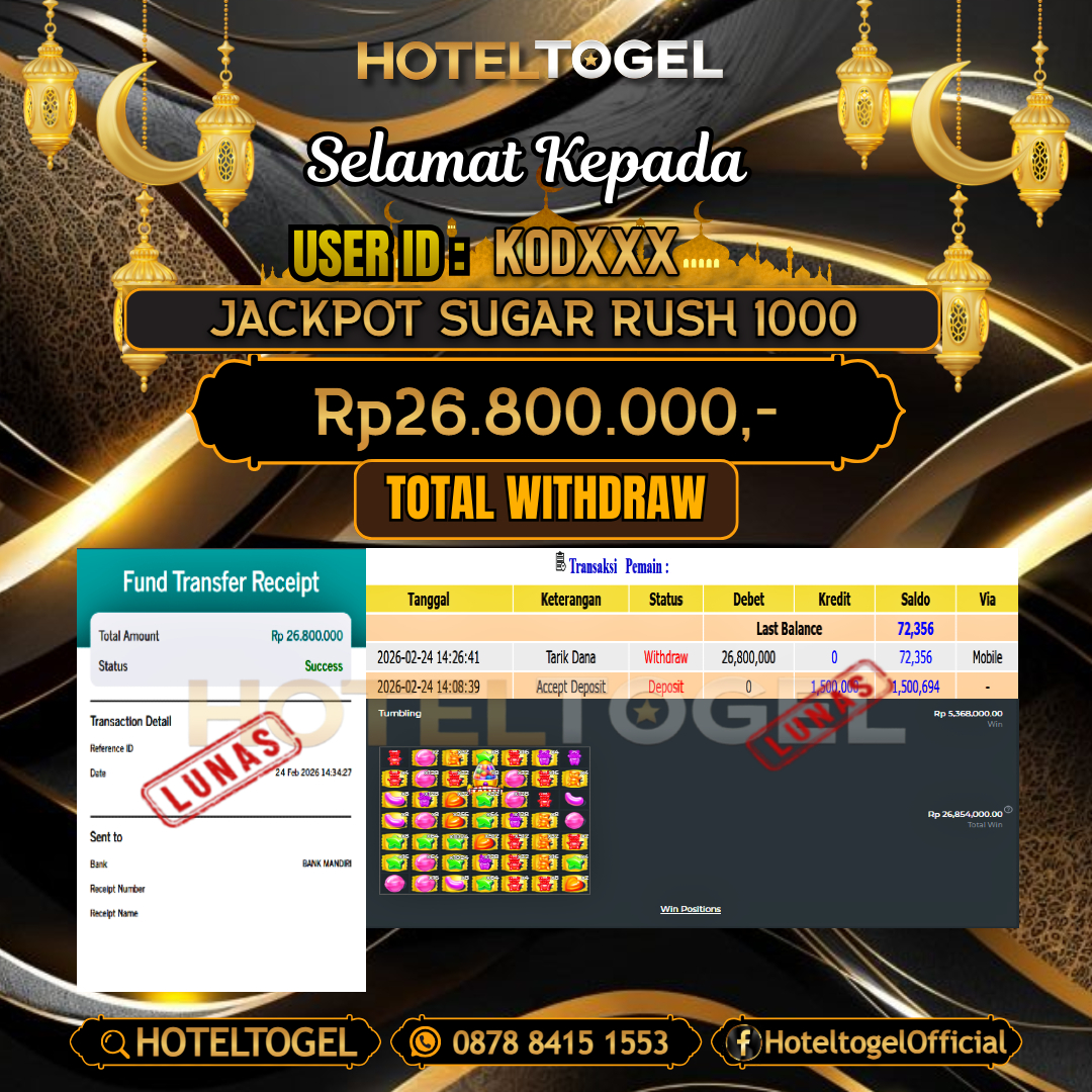 HOTELTOGEL JACKPOT SLOT SUGAR RUSH 1000 Rp.26.800.000 - LUNAS USER ID : KOD***